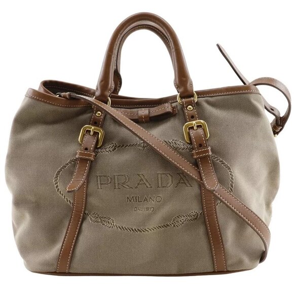 PRADA logo Handbag BN1841 2WAYShoulder beige canvas/leather Women - Picture 1 of 16